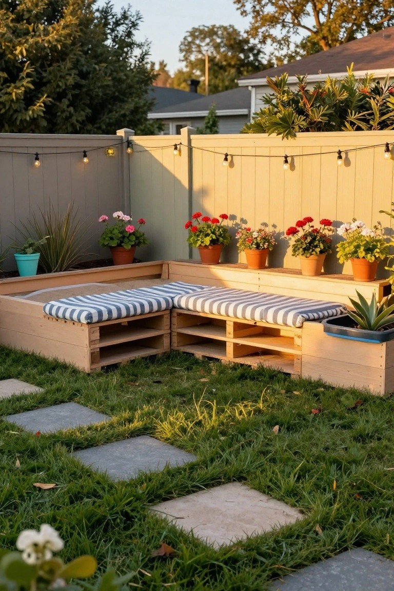 L-shaped bench made from light wood pallets with blue and white striped cushions and potted plants on top, positioned against a beige wooden fence strung with small lights in a grassy backyard with stone pavers.