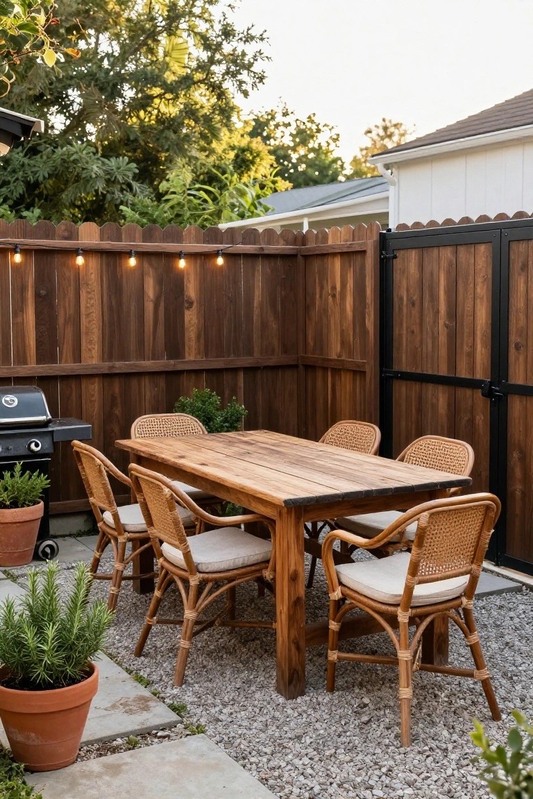 Backyard outdoor dining area enclosed by wooden slat fence with string lights, featuring rectangular wooden table, rattan chairs with cushions, black barbecue grill, potted plants, and gravel ground.