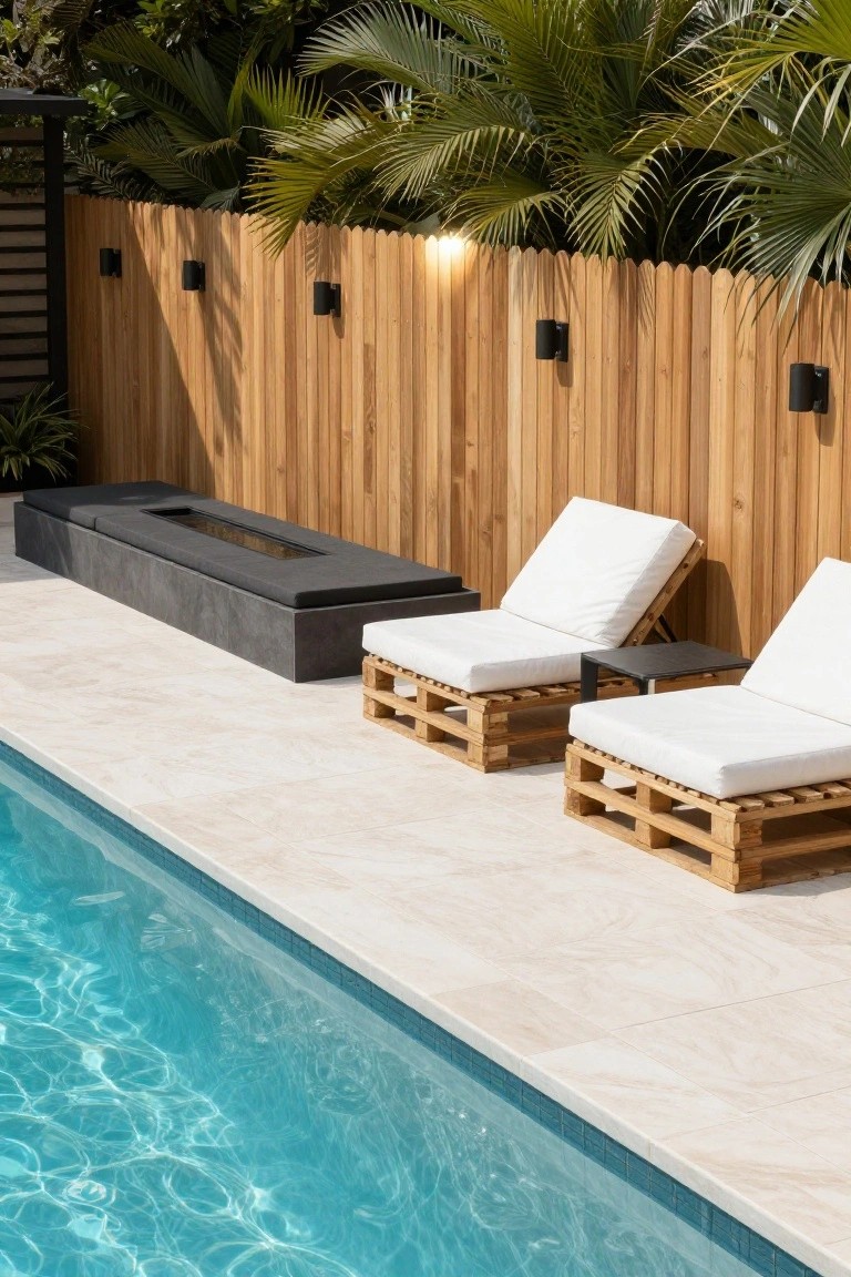 Poolside area with light beige tile deck next to turquoise water, two white-cushioned loungers on wooden pallet bases, low black fire table lounge, and light wooden slatted fence with black sconce lights, palm plants in background.