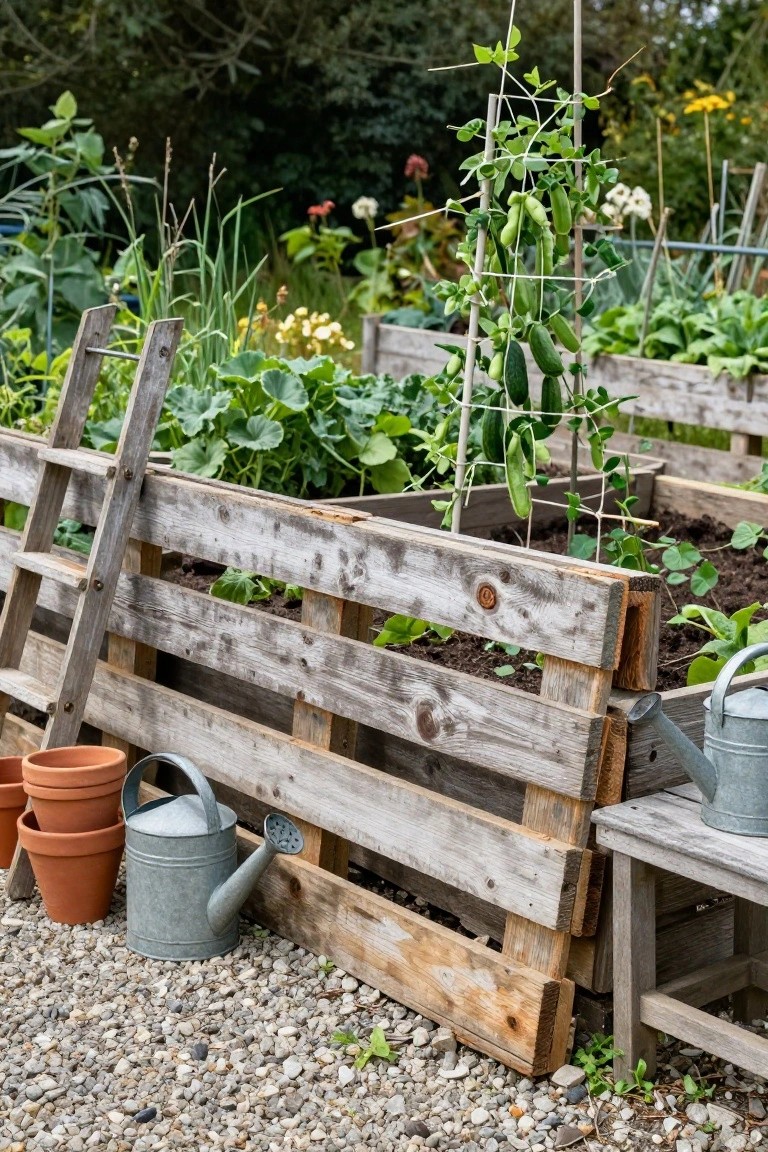 Wooden pallet raised garden beds filled with vegetables like beans on trellises and leafy greens, with watering cans, terracotta pots, and gravel ground nearby.