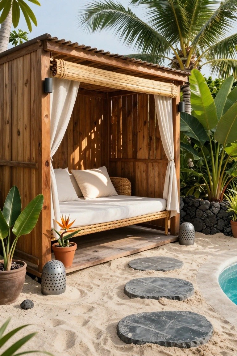 Wooden slat cabana with white curtains and daybed cushions beside a pool, surrounded by tropical plants, palms, sand, and stone stepping stones.