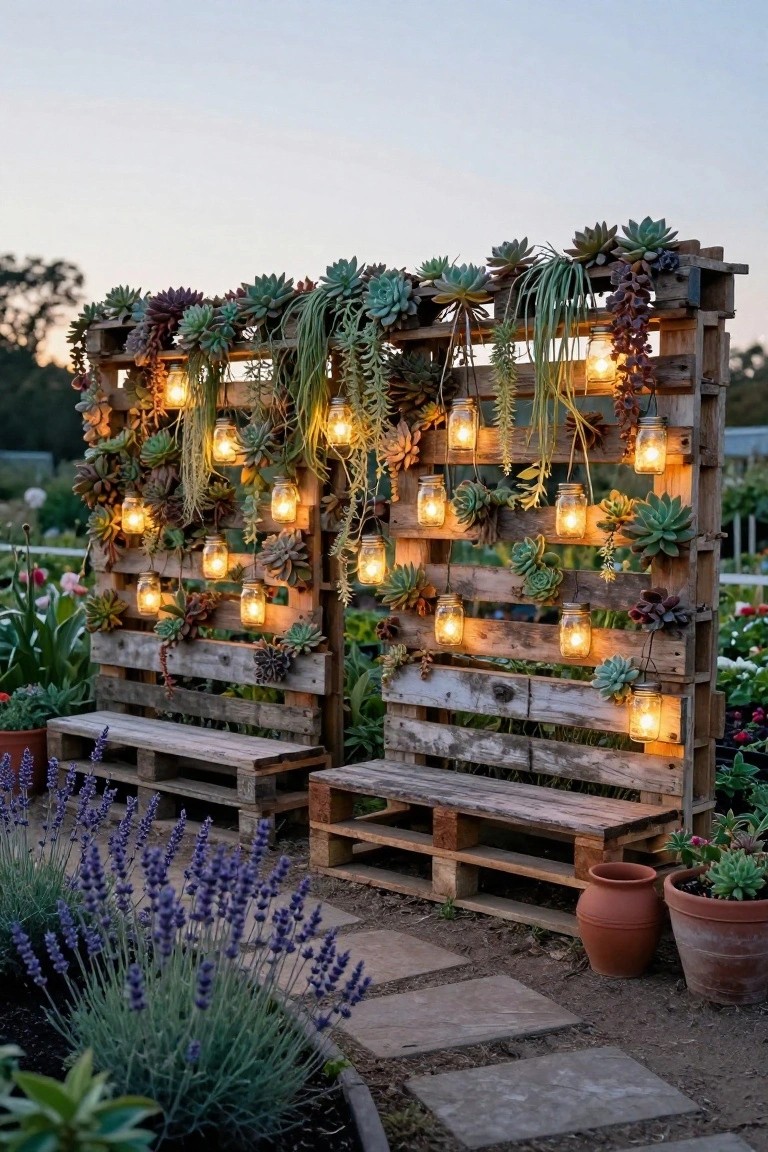 Two weathered wooden pallet fences planted densely with succulents and trailing greenery, strung with lit mason jar lights, with pallet benches at the base and lavender plants along a stone path in a garden.