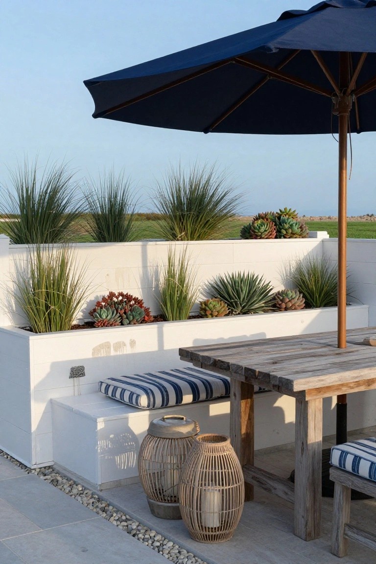 White raised rectangular planters filled with grasses and succulents form a low wall around a wooden table with blue cushioned benches on a tiled patio, shaded by a blue umbrella with wicker lanterns nearby.