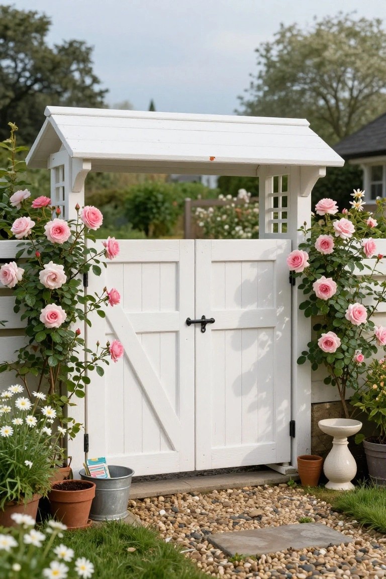White wooden double gate with peaked arbor roof and lattice sides covered in pink climbing roses, surrounded by potted plants, flowers, and a gravel path in a garden.