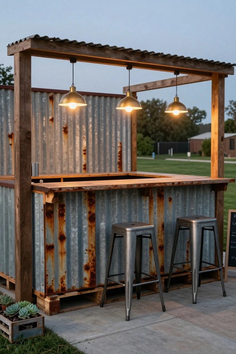 Outdoor bar built with wooden pallet bases, rusted corrugated metal siding, wooden countertop, two metal stools, three pendant lights hanging from a wooden pergola roof, potted succulents, and a chalkboard sign nearby on grass.