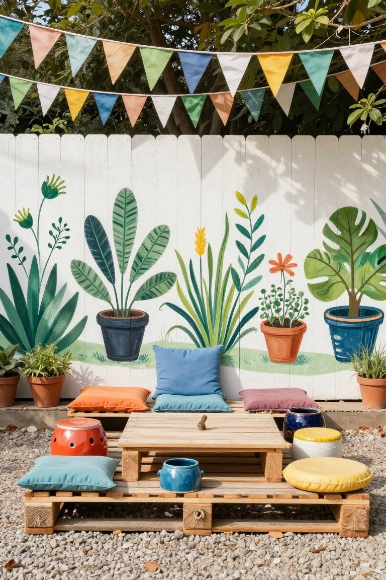 Wooden pallet platform table and seating area with colorful cushions and stools in a backyard against a white picket fence painted with green plant murals, surrounded by potted plants, overhead bunting flags, and gravel ground.