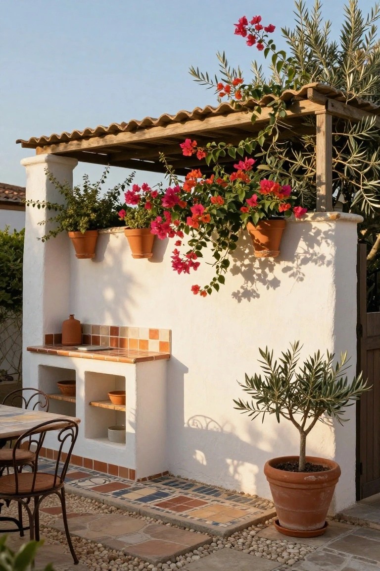 White stucco wall with built-in outdoor kitchen featuring terracotta tiled counter, wooden pergola overhead draped in red bougainvillea, hanging clay pots, potted olive tree, and metal bistro chairs on pebble patio ground.