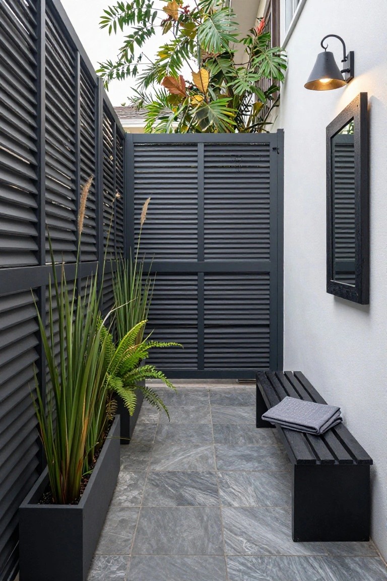 Narrow outdoor pathway enclosed by tall black slatted fences, featuring potted cordyline and fern plants, a black wooden bench with gray blanket, gray slate tile floor, wall light, and black-framed mirror.