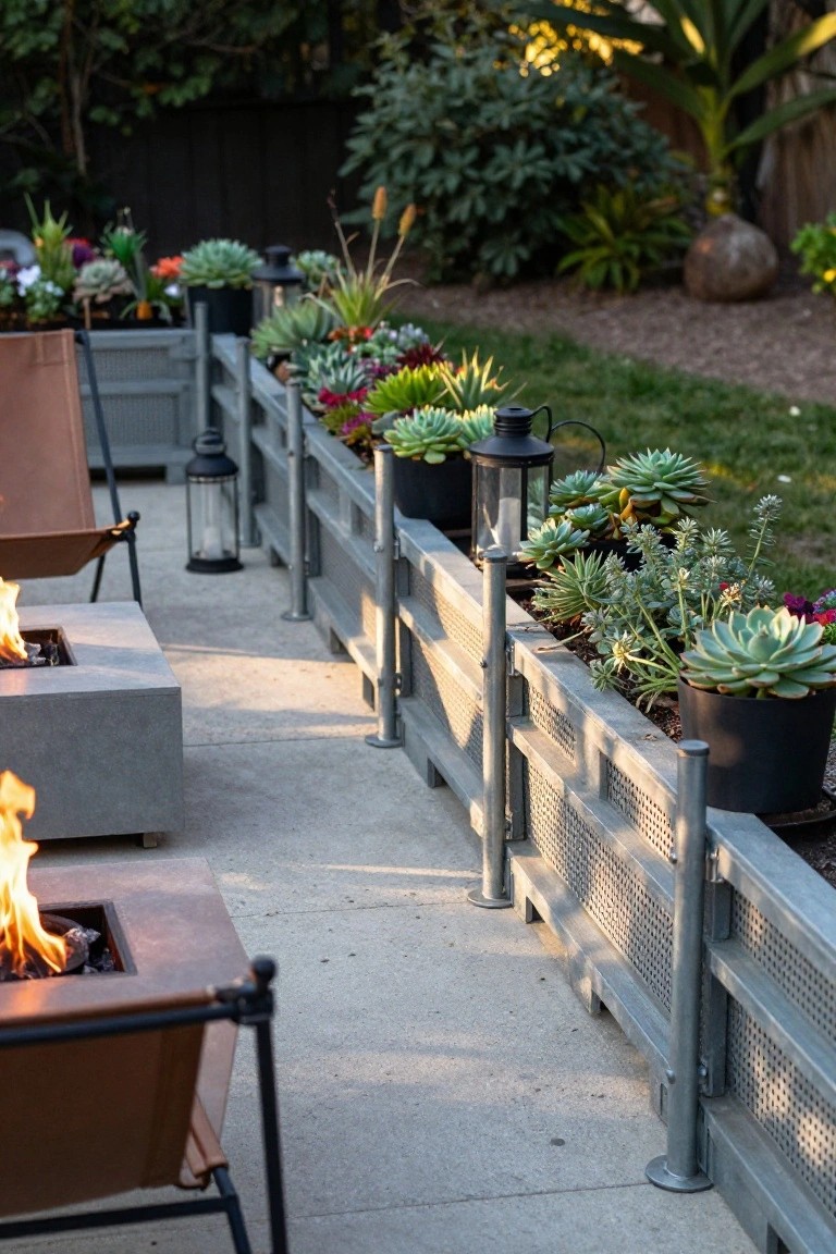Gray metal fence with integrated planters overflowing with various succulents along a concrete patio next to a fire pit, two leather chairs, and lanterns.