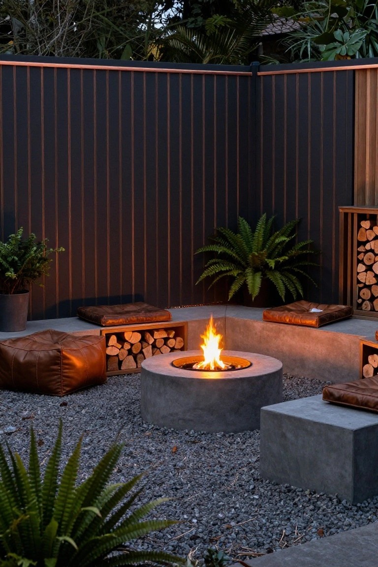 Backyard corner with tall dark vertical slat fence topped in copper, central round concrete fire pit with flames, leather poufs and cushions for seating, potted ferns, firewood stacks, and gravel ground.