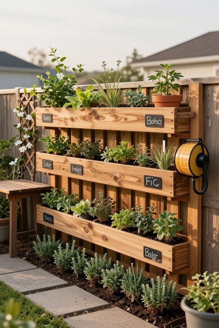 Wooden slatted fence with multiple rectangular planter boxes attached horizontally, filled with herbs and succulents labeled on chalkboard tags including Basil, Mint, Elder, Fennel, Fig, Boha, and Polar, beside a bench, paver path, and yellow hose reel.