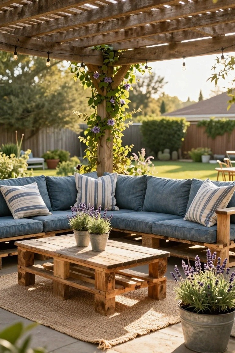 Wooden pallet L-shaped sectional sofa with blue cushions and white striped pillows on a patio under a pergola, featuring a pallet coffee table holding potted lavender plants, on a seagrass rug surrounded by garden elements.