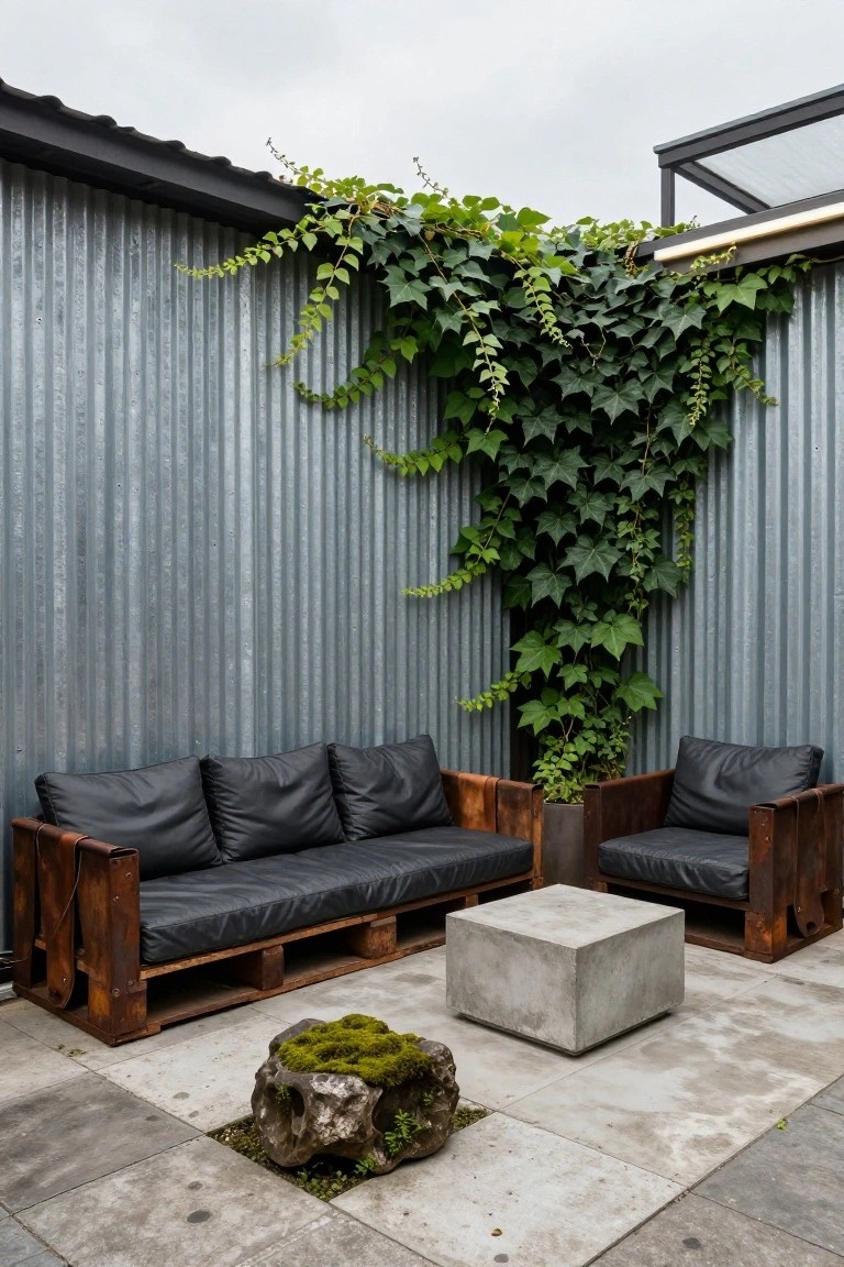 Corner outdoor seating with wooden pallet-frame sofas upholstered in black leather cushions around a square concrete table on a paved patio, ivy on a corrugated metal wall, and a moss-covered rock nearby.
