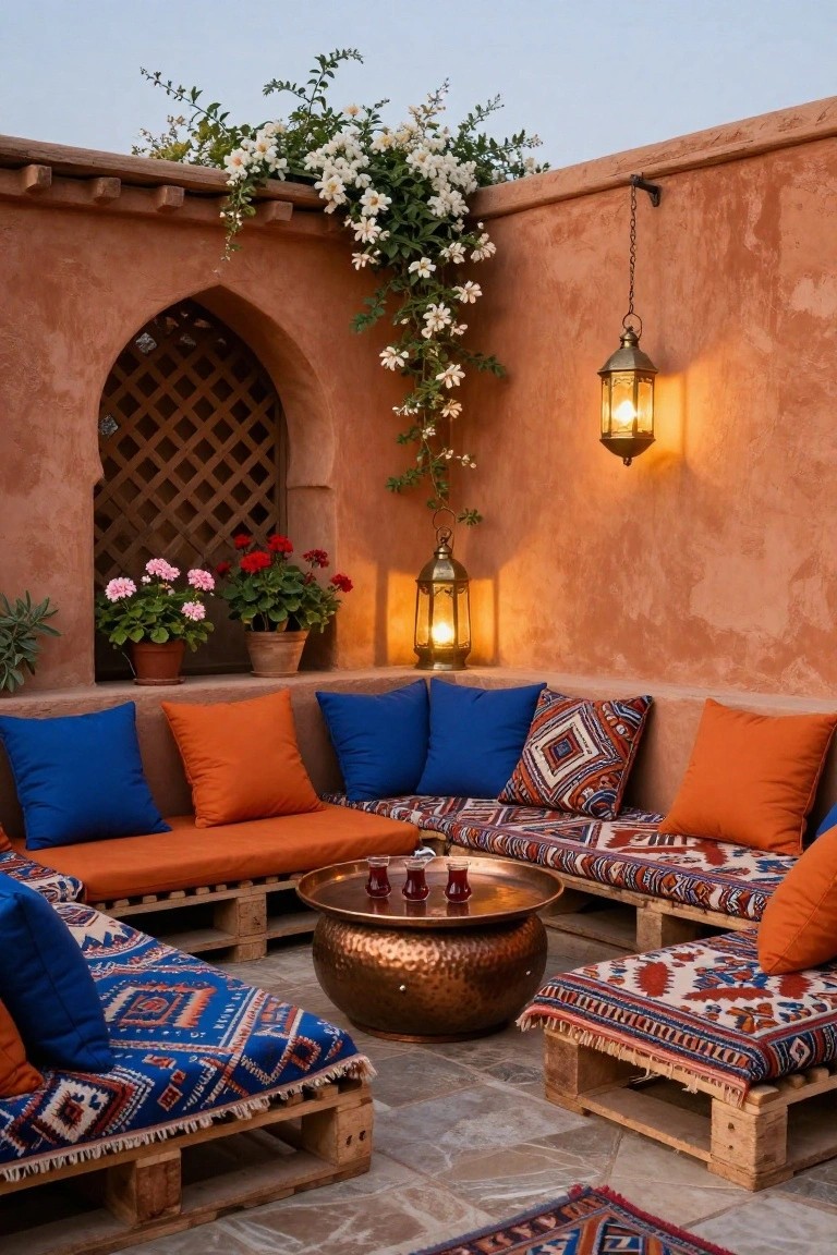 Outdoor lounge seating built from stacked wooden pallets upholstered with blue, orange, and patterned cushions and rugs around a low hammered copper table with tea glasses, set against a terracotta wall with arched window, potted plants, climbing vines, and hanging lanterns.