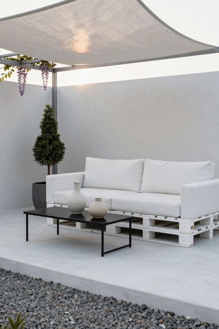 White sofa on white-painted wooden pallets with a black metal coffee table holding two ceramic vases, next to potted plants under a beige fabric canopy and against a white wall on a concrete patio with gravel edging.