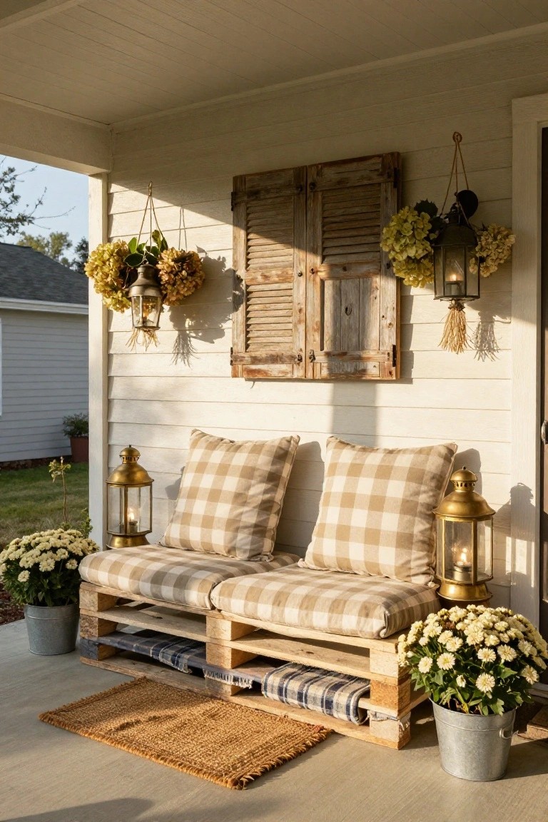Wooden pallet bench with beige checkered cushions on a covered white porch, flanked by metal lanterns and potted white mums in galvanized buckets, with hanging planters and wall lanterns nearby.