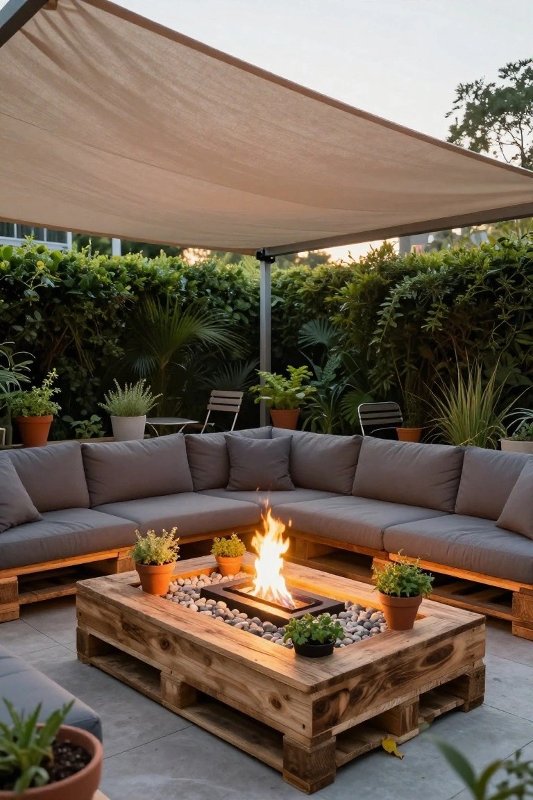 Wooden pallet coffee table with central linear fire pit surrounded by pebbles and plants, centered in L-shaped gray outdoor sofa seating on a tiled patio under a beige canopy with surrounding greenery.