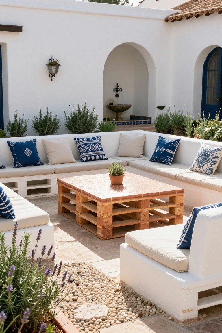 White stucco courtyard with arched blue door, L-shaped low seating made from white-painted pallets with blue and white cushions, central wooden pallet coffee table with tiled top and potted plant, surrounded by lavender, rosemary plants, and gravel path.
