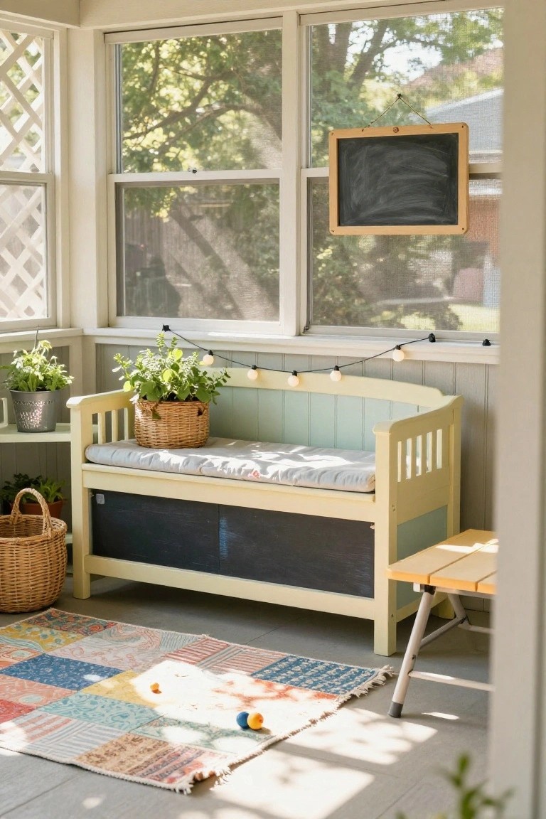 A light wooden bench painted in pale blue and yellow with a cushioned seat and black storage lid underneath, placed in a sunny screened porch with potted plants, string lights, a small table, and a colorful rug on the floor.