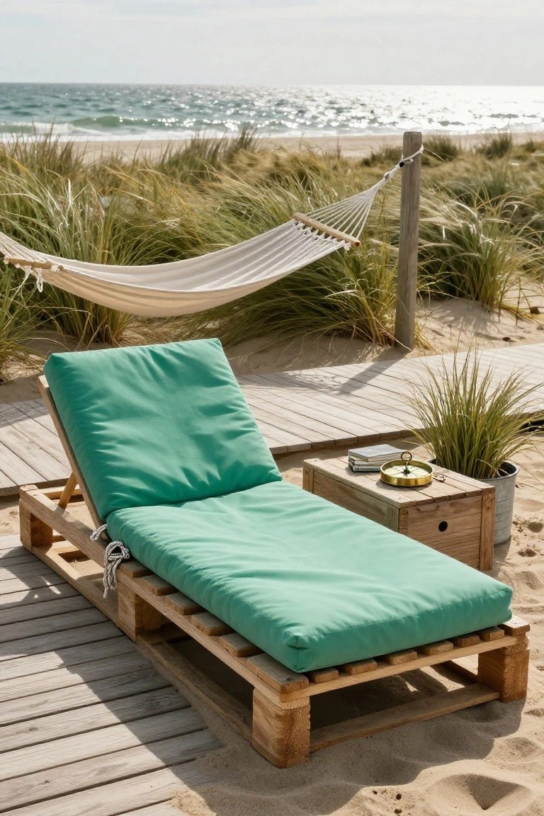 Teal cushioned lounge chair made from wooden pallets on a boardwalk near sand dunes, ocean waves, beach grass, hammock, small table with books and compass, and potted plant.