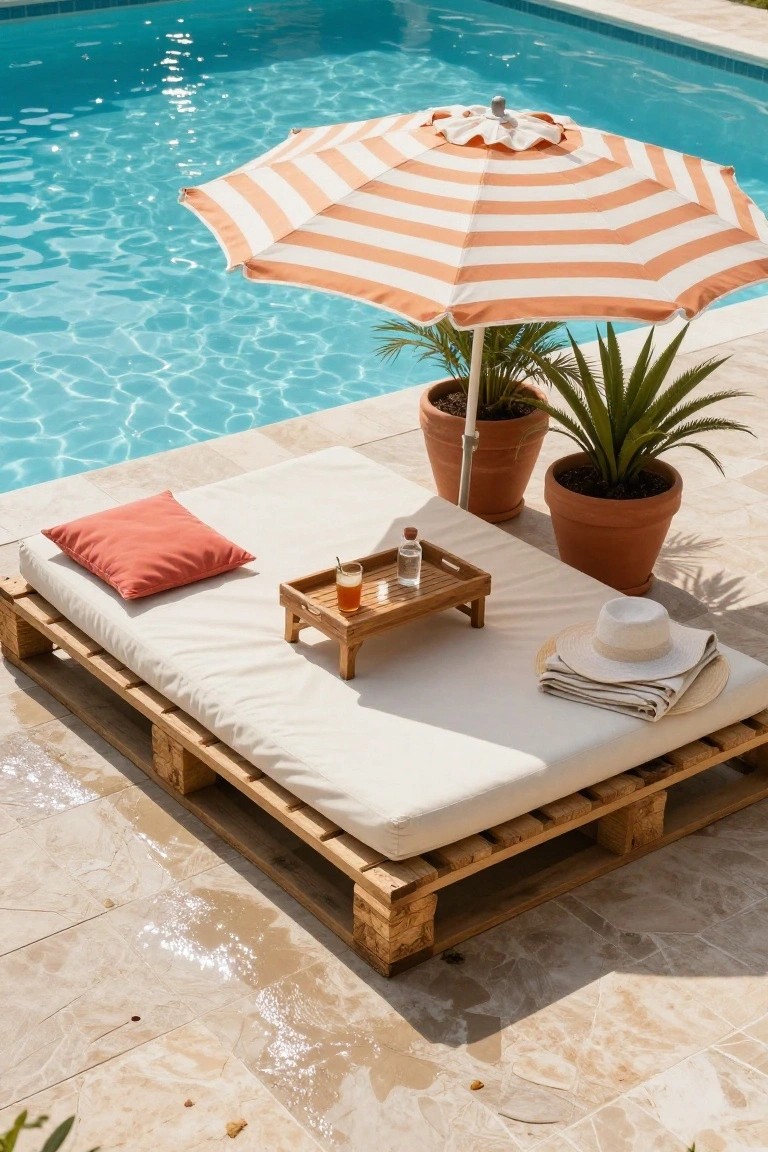 Wooden pallet daybed with white cushions, wooden tray holding a drink and bottle, towels and hat on top, positioned beside a turquoise swimming pool with striped umbrella and potted plants.