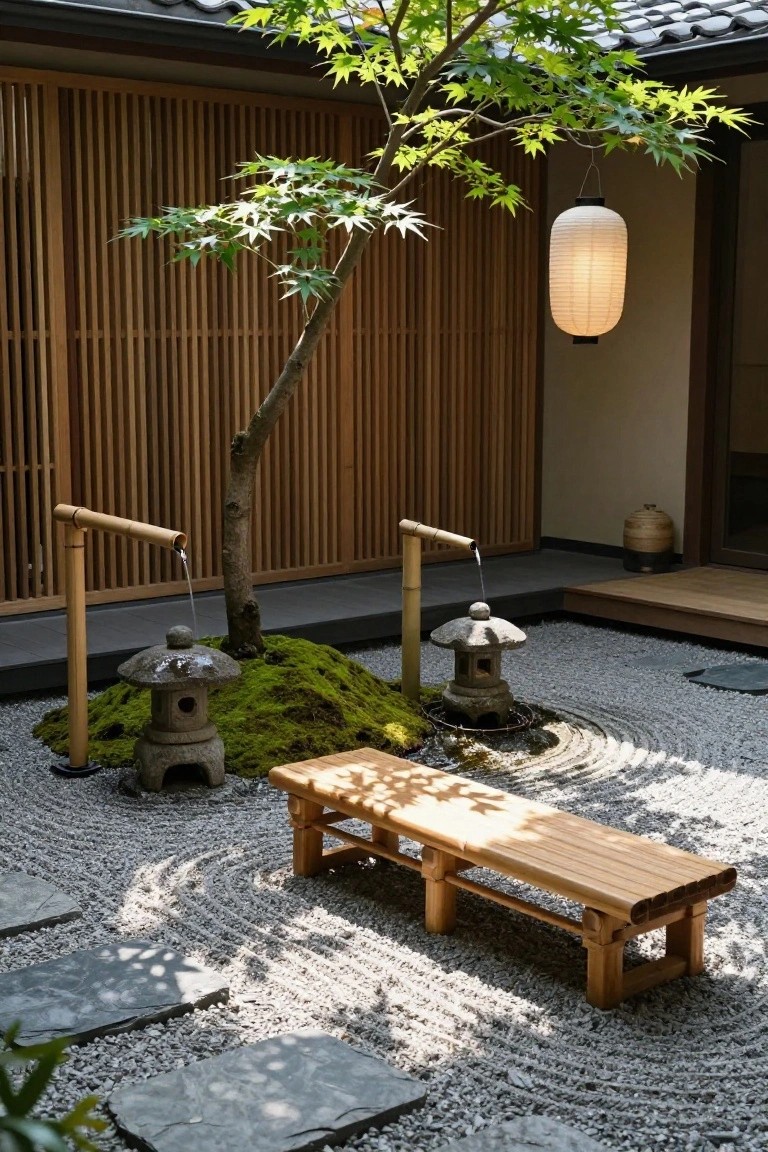 Wooden slatted bench in a zen rock garden with raked gravel patterns, stone lanterns, bamboo water spouts, mossy mound, hanging lantern, and Japanese maple tree against wooden screens and traditional roofline.