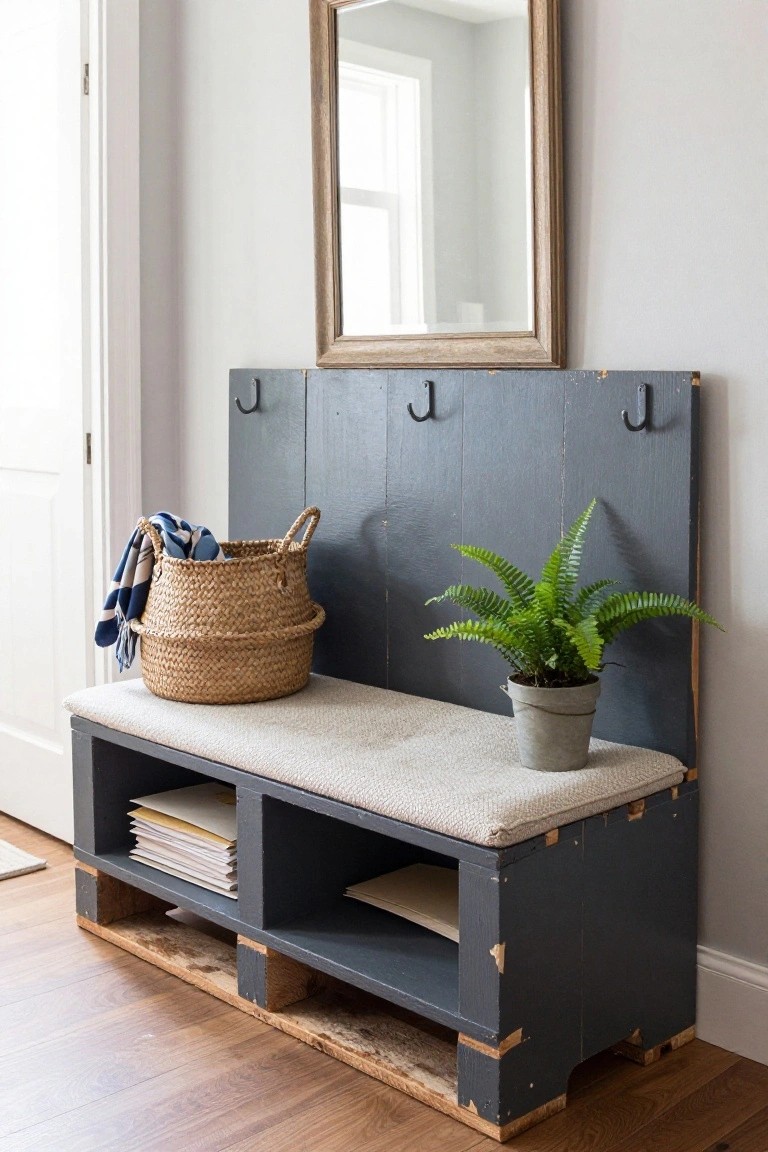 Navy painted wooden pallet bench in a light gray entryway with coat hooks on the backboard, cushioned seat, open shelves holding papers, a seagrass basket with blue towels beside it, a potted fern in a metal pot, and a rectangular wood-framed mirror on the wall nearby.
