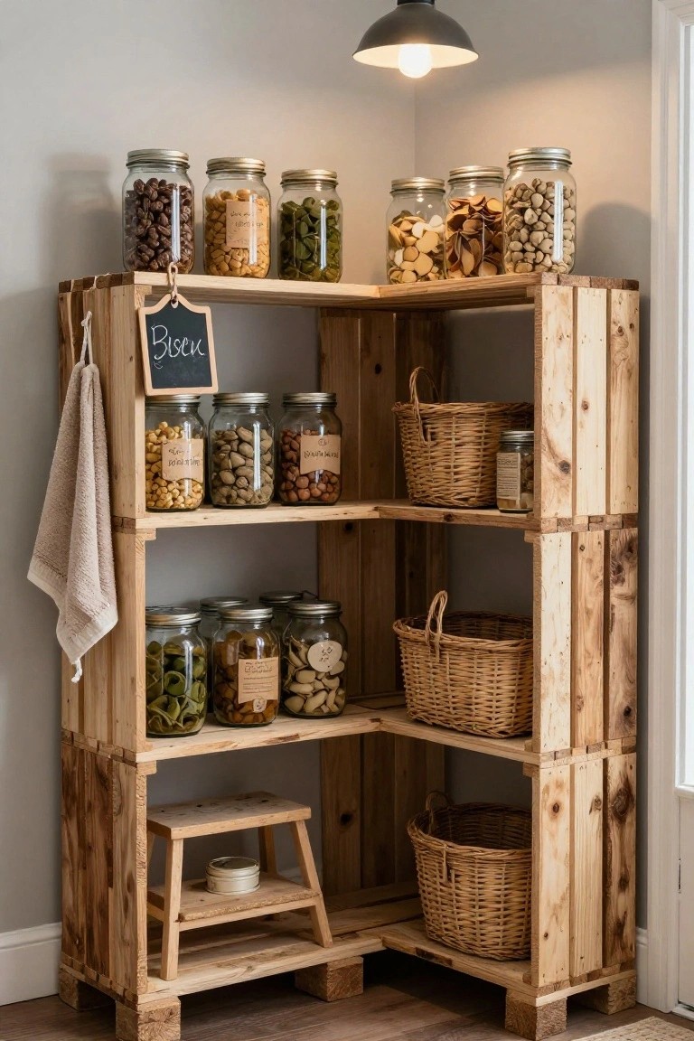 Corner shelving unit made from pallet wood in a light gray room, stocked with glass jars of nuts, beans, dried vegetables, and wicker baskets, plus a small wooden step stool.