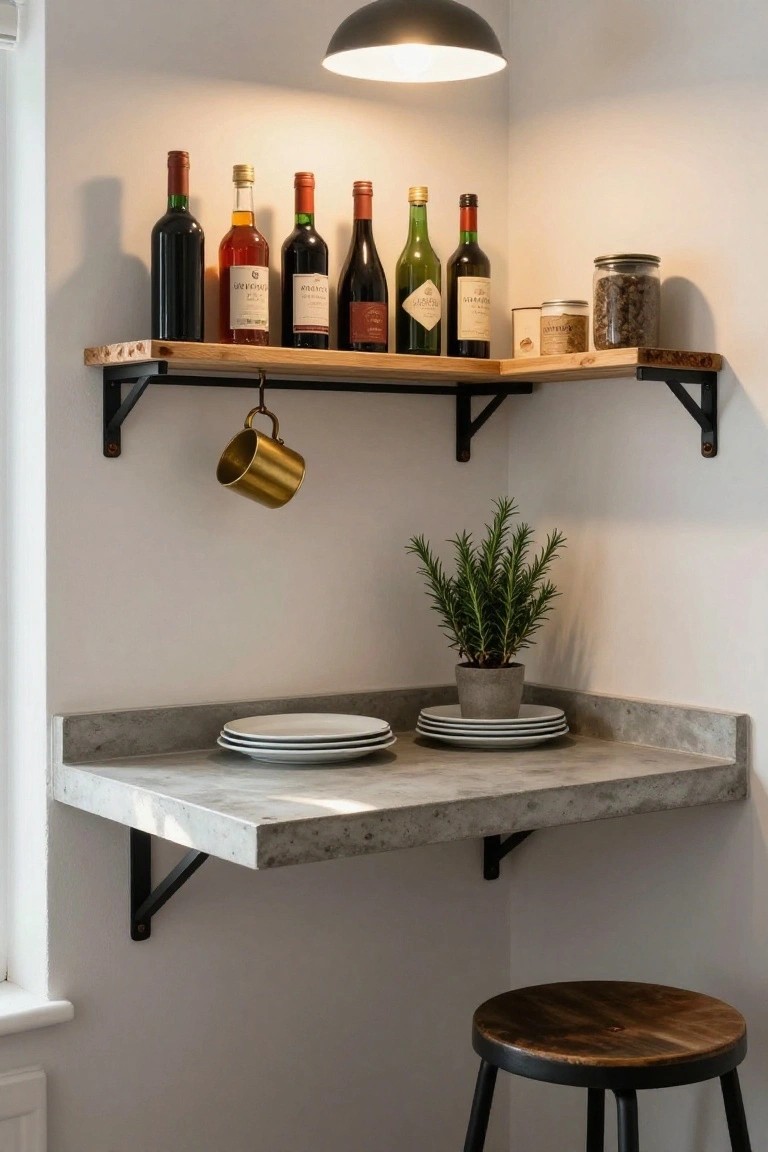 Kitchen corner with wooden live-edge shelf on black brackets holding wine bottles, jars, and tins, gold mug hanging below, concrete countertop with stacked white plates and gray pot of rosemary plant, wooden stool at base, black lamp overhead.
