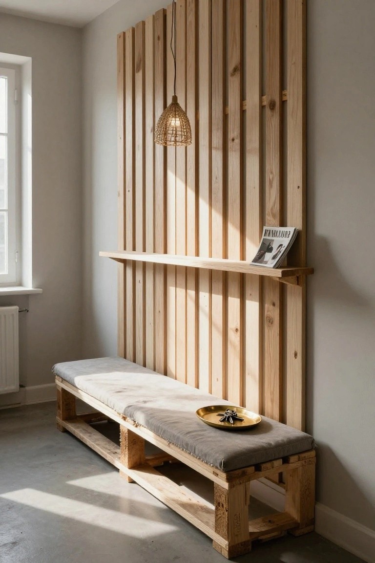 Indoor entryway with light gray walls, a tall vertical wood slat feature wall, floating oak shelf holding a magazine, hanging rattan pendant light, white radiator, and low pallet wood bench topped with gray cushion and gold dish containing keys.