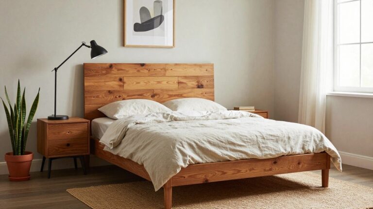Cozy bedroom interior featuring a wooden bed frame with reclaimed plank headboard, white linen bedding, matching nightstand with black lamp, snake plant in terracotta pot, and seagrass rug on hardwood floor.