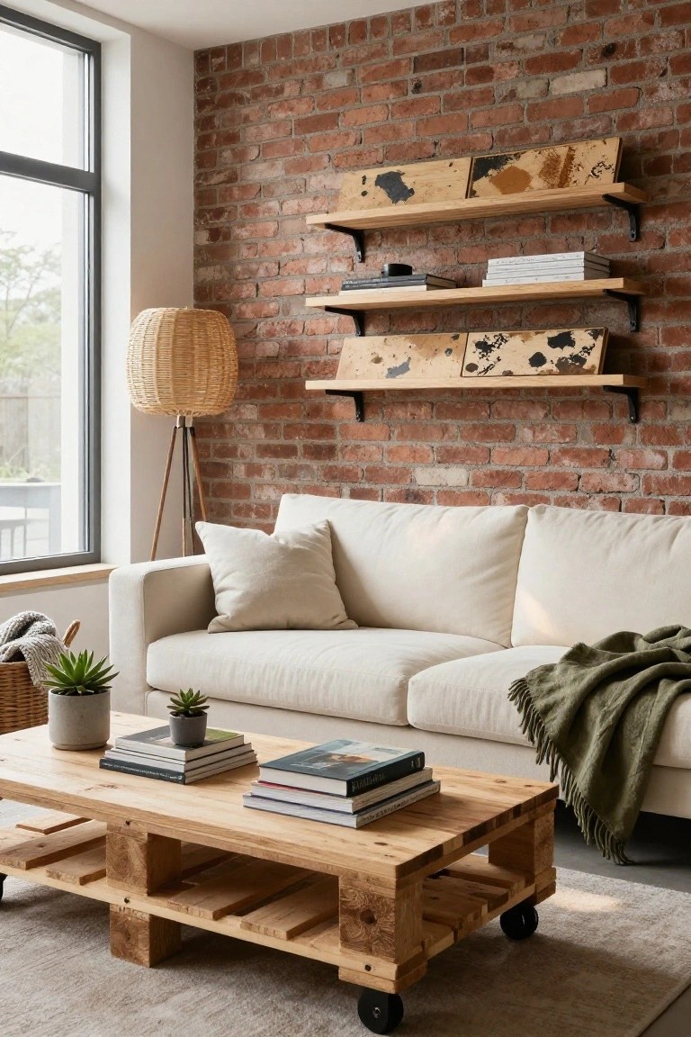 Cozy living room with exposed brick wall, floating wooden shelves, beige sofa with pillows and throw blanket, rattan floor lamp, potted succulents, woven baskets, books, and wooden pallet coffee table on wheels on a light gray rug.