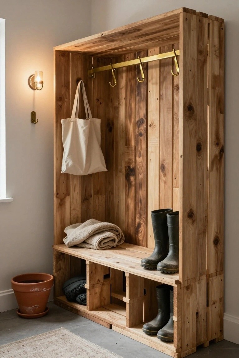Wooden pallet-built entryway furniture with brass hooks holding a tote bag, a bench seat with folded blankets and storage cubbies containing boots and folded clothes, beside a potted plant on a tiled floor.