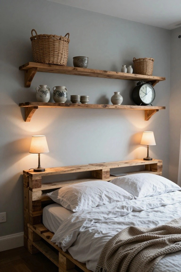 Bedroom with wooden pallet headboard featuring integrated open shelves displaying pottery, baskets, vases, and a clock, flanked by two small lamps on gray walls above white bedding.