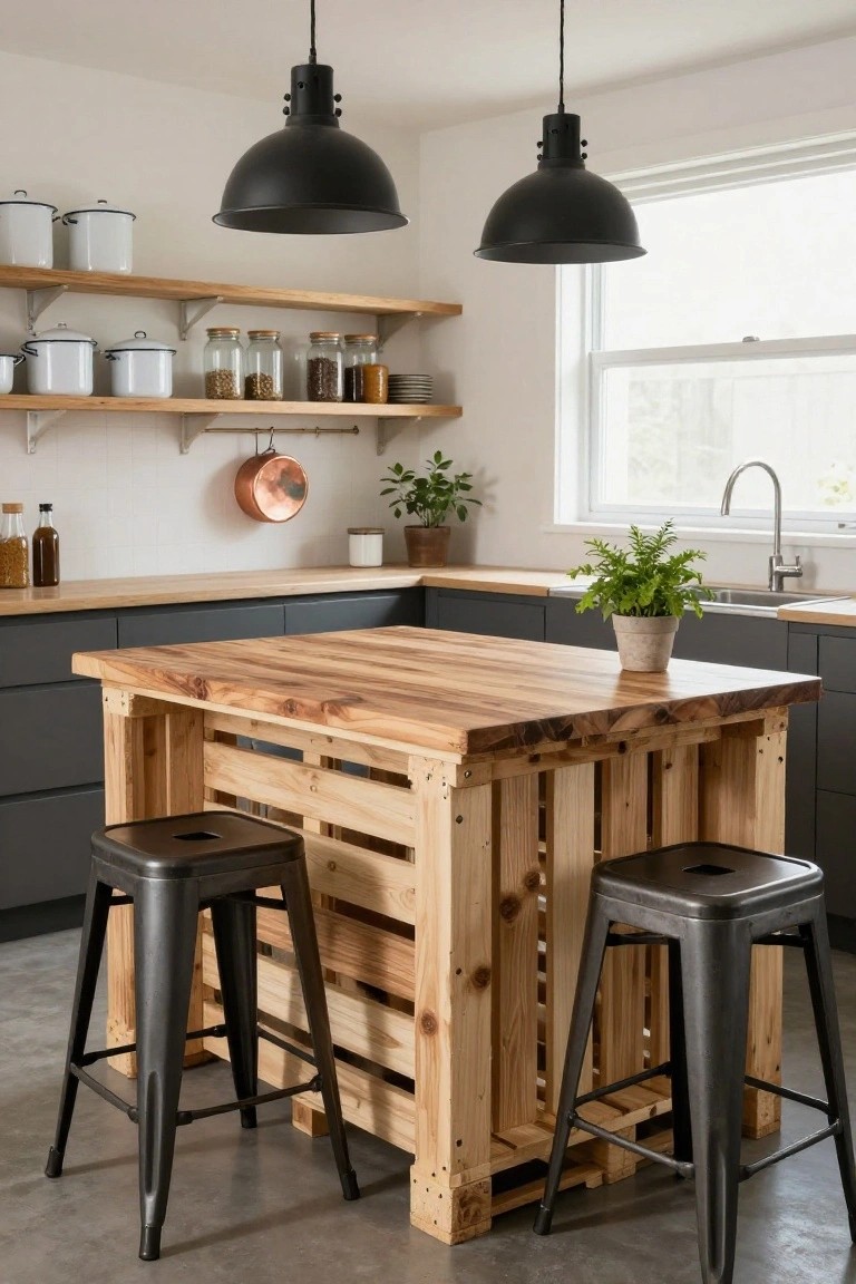 Kitchen interior with central island constructed from wooden pallets and topped with light butcher block, paired with black metal bar stools, gray lower cabinets, wood open shelving, and pendant lights overhead.