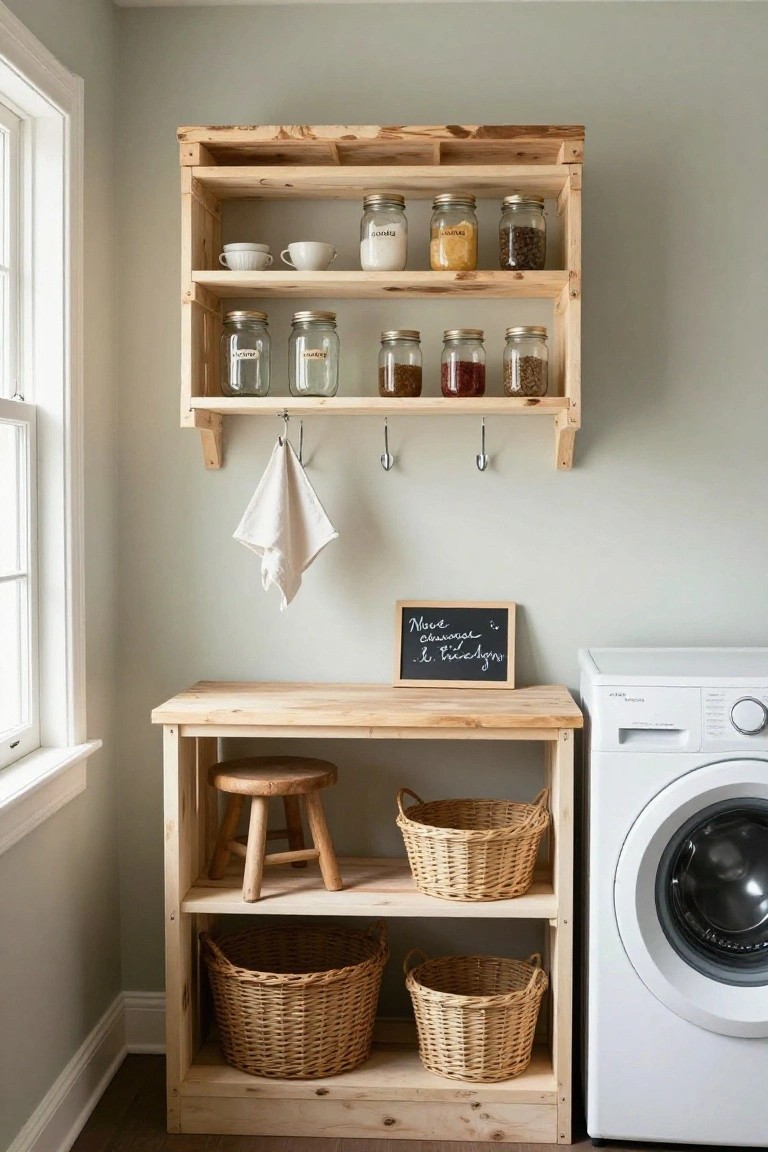 Wooden pallet-built open shelving unit with counter, jars on shelves, hanging towel hooks, small stool, woven baskets, and white washing machine in a light green laundry room.