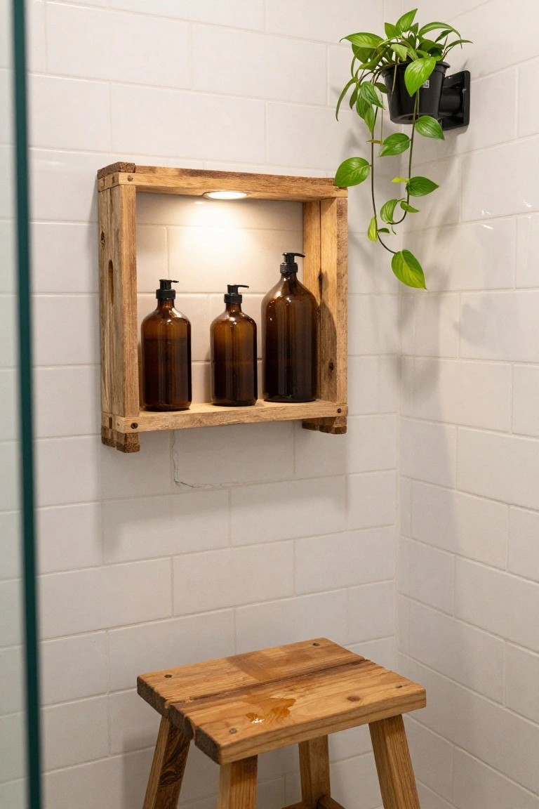 Wooden pallet-style open shelf mounted on white tiled bathroom wall holding three amber glass pump bottles, with integrated lighting, a potted trailing plant nearby, and a wooden stool on the floor below.