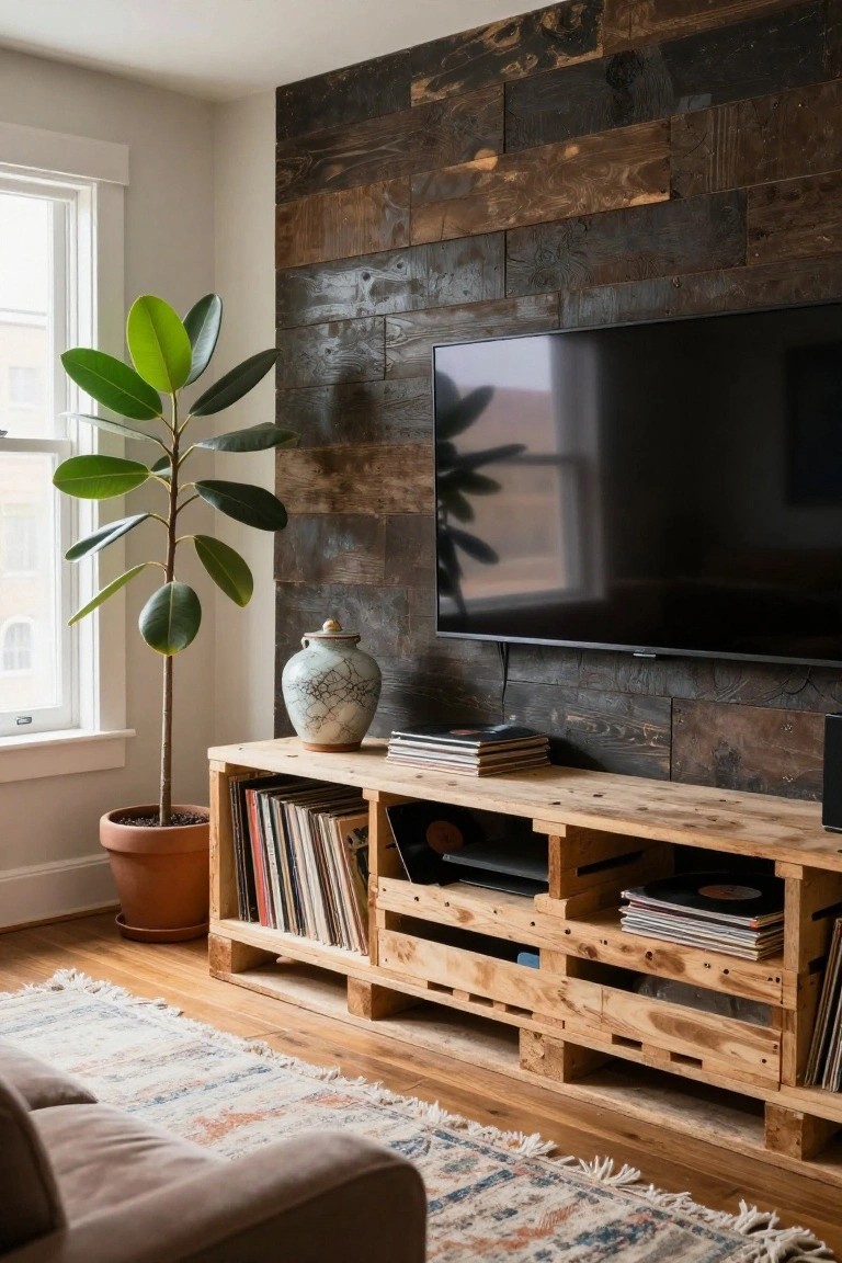 Living room corner featuring a DIY pallet wood TV stand loaded with vinyl records and topped with a flat-screen TV, positioned against a dark wood plank wall next to a large potted plant in a terracotta pot.