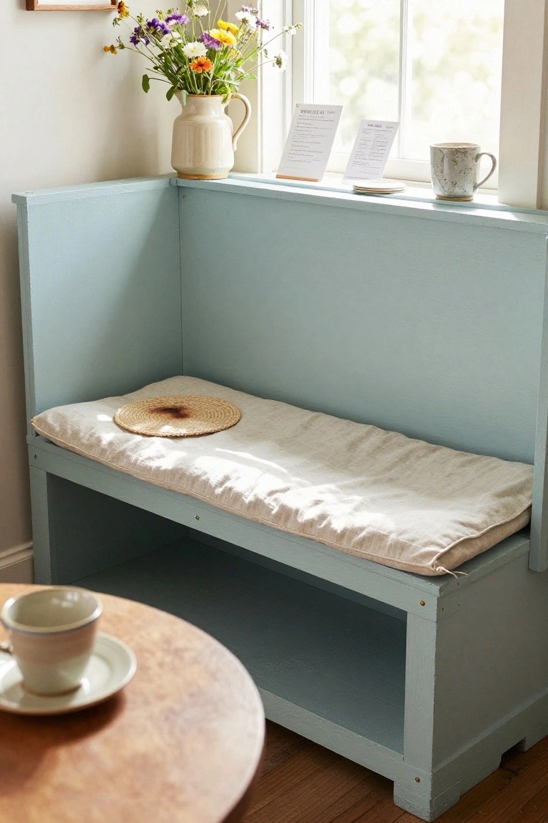 Light blue painted corner bench under a window with white linen cushion, straw mat on seat, vase of wildflowers on sill, two notes propped up, mug on ledge, and wooden table with teacup below.
