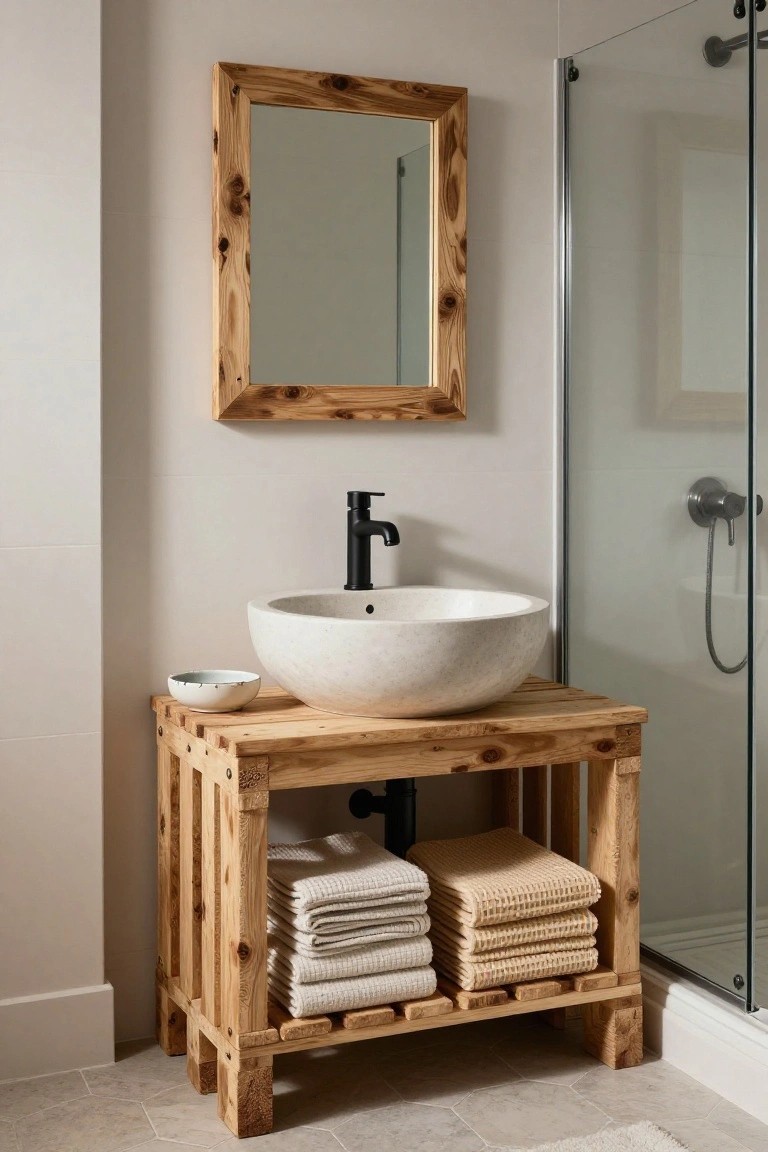 Bathroom vanity constructed from reclaimed pallet wood planks supporting a white stone vessel sink, with open shelves holding stacked white and beige towels, black faucet, small white bowl nearby, wooden-framed mirror above, and glass shower enclosure to the side.