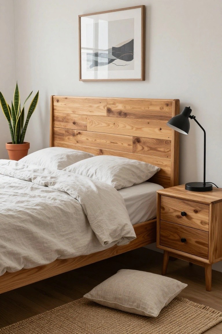 Cozy bedroom interior featuring a wooden bed frame with reclaimed plank headboard, white linen bedding, matching nightstand with black lamp, snake plant in terracotta pot, and seagrass rug on hardwood floor.