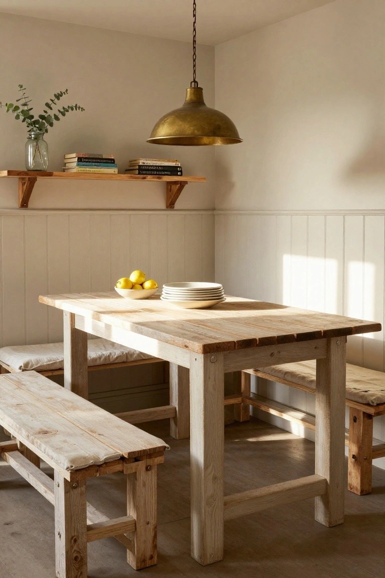 Cozy indoor dining nook featuring a whitewashed wooden table with lemons in a bowl and stacked plates, flanked by two matching pallet benches with beige cushions, under a brass pendant light, with shelves holding books and eucalyptus against white paneled walls and wooden floor.