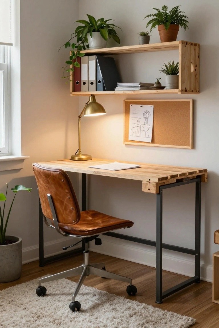 Cozy indoor home office corner with a wooden pallet-top desk on black metal legs, brown leather swivel chair, floating wooden pallet shelves holding books binders plants, gold desk lamp, corkboard on wall, and potted plants on floor.