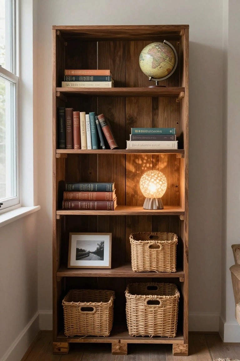 Tall wooden bookshelf with exposed pallet-style base and feet, holding books on multiple shelves, a globe on top, lit lamp on middle shelf, photo frame and woven baskets on lower shelves, next to a window in a light room