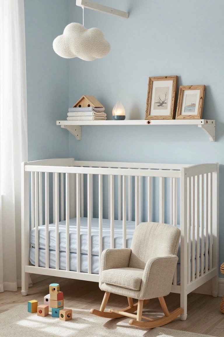 Light blue nursery with white crib, beige fabric rocking chair, wooden stacking blocks on wood floor, white floating shelf holding books linens candle and framed artwork, cloud-shaped lamp hanging from ceiling, near window with white curtains.
