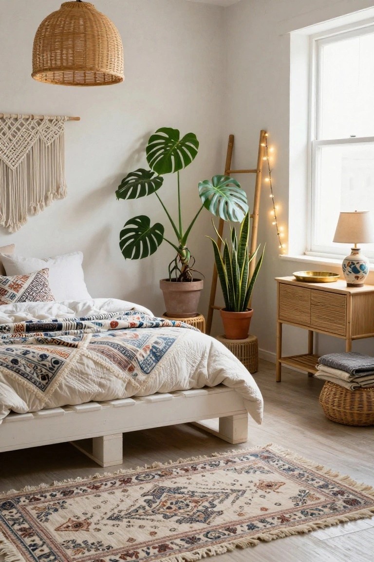 Bedroom interior with white pallet bed frame holding quilted bedding, monstera plant in terracotta pot, snake plant, wooden nightstand, macrame wall hanging, rattan pendant light, ladder with fairy lights, and patterned rug on light wood floor.