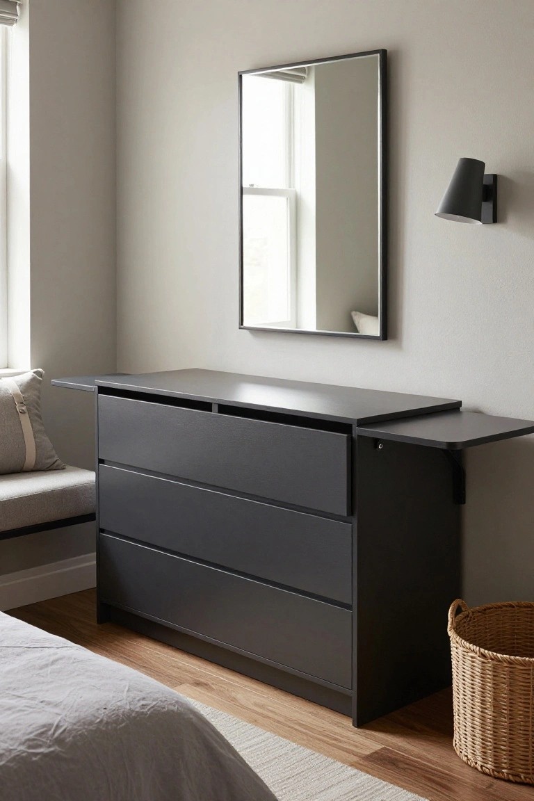 Modern bedroom corner with dark gray three-drawer dresser featuring extended top shelf, wall mirror, black wall lamp, cushioned bench, bed with gray linens, wood floor, and wicker basket.