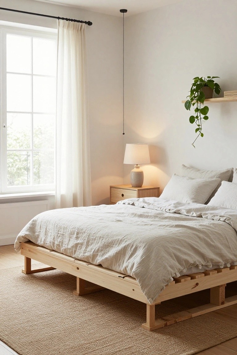 Bedroom with elevated pine pallet bed frame and white linen bedding, wooden nightstand with ceramic lamp, sheer curtains on window, potted trailing plant on wall shelf, and seagrass rug on wood floor.