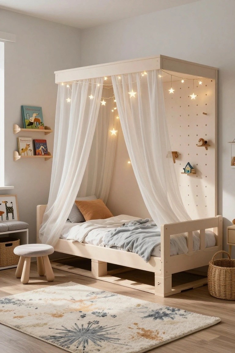 Light wooden elevated bed in a children's bedroom with white sheer canopy drapes, fairy lights, pegboard wall with wooden toys and shelves, neutral rug, and storage baskets nearby.