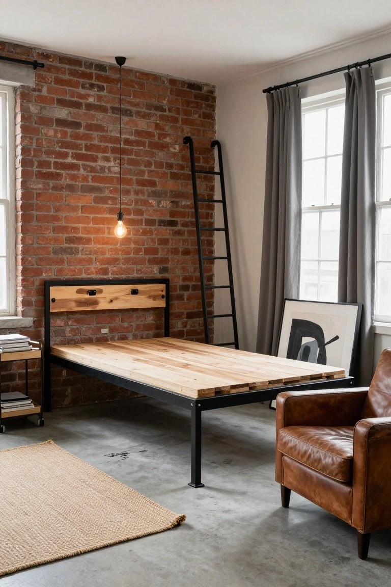 Bedroom with wooden pallet platform bed on black metal legs against exposed brick wall, black ladder leaning on wall, leather armchair nearby, large abstract black and white framed print, and pendant light hanging above.
